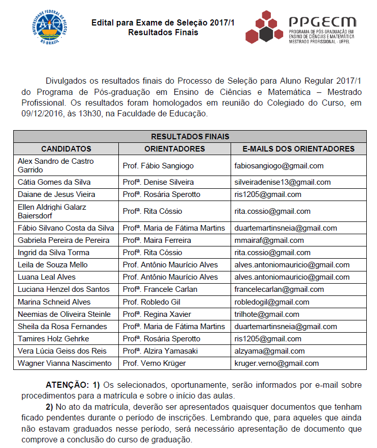 Programa de Pós Graduação em Ensino de Ciências e Matemática Mestrado