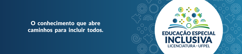 Capa do site com fundo azul contendo a frase em branco "O conhecimento que abre caminhos para incluir todos" à esquerda e à direita aparece marca do curso Educação Especial Inclusiva da UFPel em cores sobre fundo circular branco