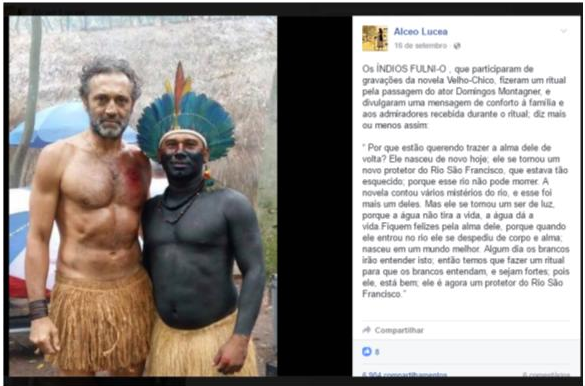 Índios fazem ritual para ator morto no rio São Francisco. Foto: Reprodução/Facebook