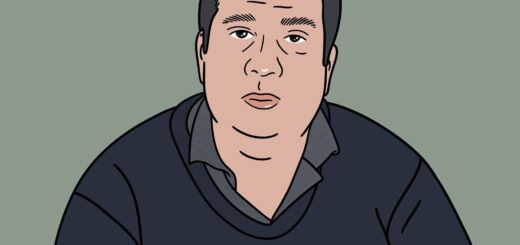 ilustração de um homem com a feição séria sobre um fundo verde. Ele tem cabelos curtos e castanhos, sobrancelhas grossas. Usa um blusão azul marinho sobre uma camisa na cor cinza.