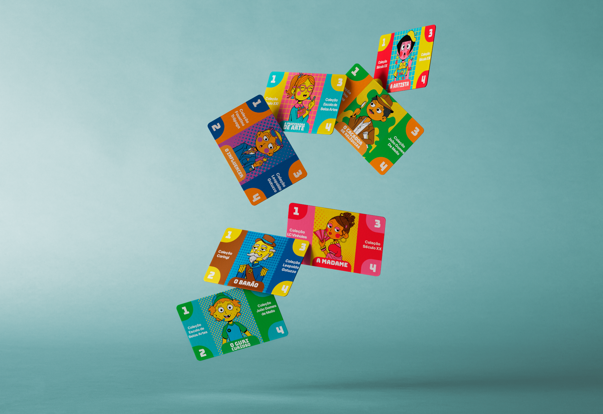 Cartas do jogo caindo com o desenho dos personagens