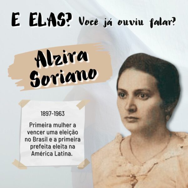 A imagem contem uma foto recortada de Alzira Soriano em cor sépia. Em texto, "E elas? Você já ouviu falar? 1897-1963 Primeira mulher a vencer uma eleição no Brasil e a primeira prefeita eleita na América Latina.
