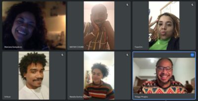 Imagem de pessoas em vídeo chamada posando para foto. Encontro virtual do NUPRA. 